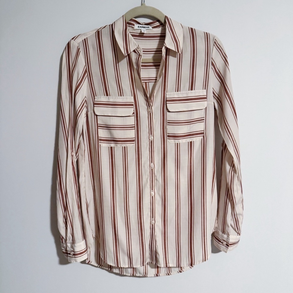 Express - Cream and Red Striped Long Sleeve Button Down Shirt